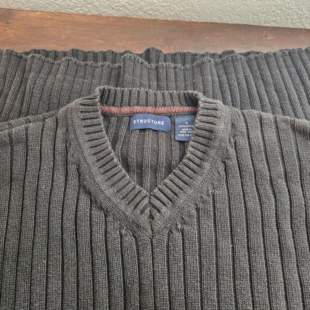 Vtg 90s Structure Chunky Ribbed V-Neck Cotton Sweater Mens Large Charcoal Grey - Picture 2 of 4
